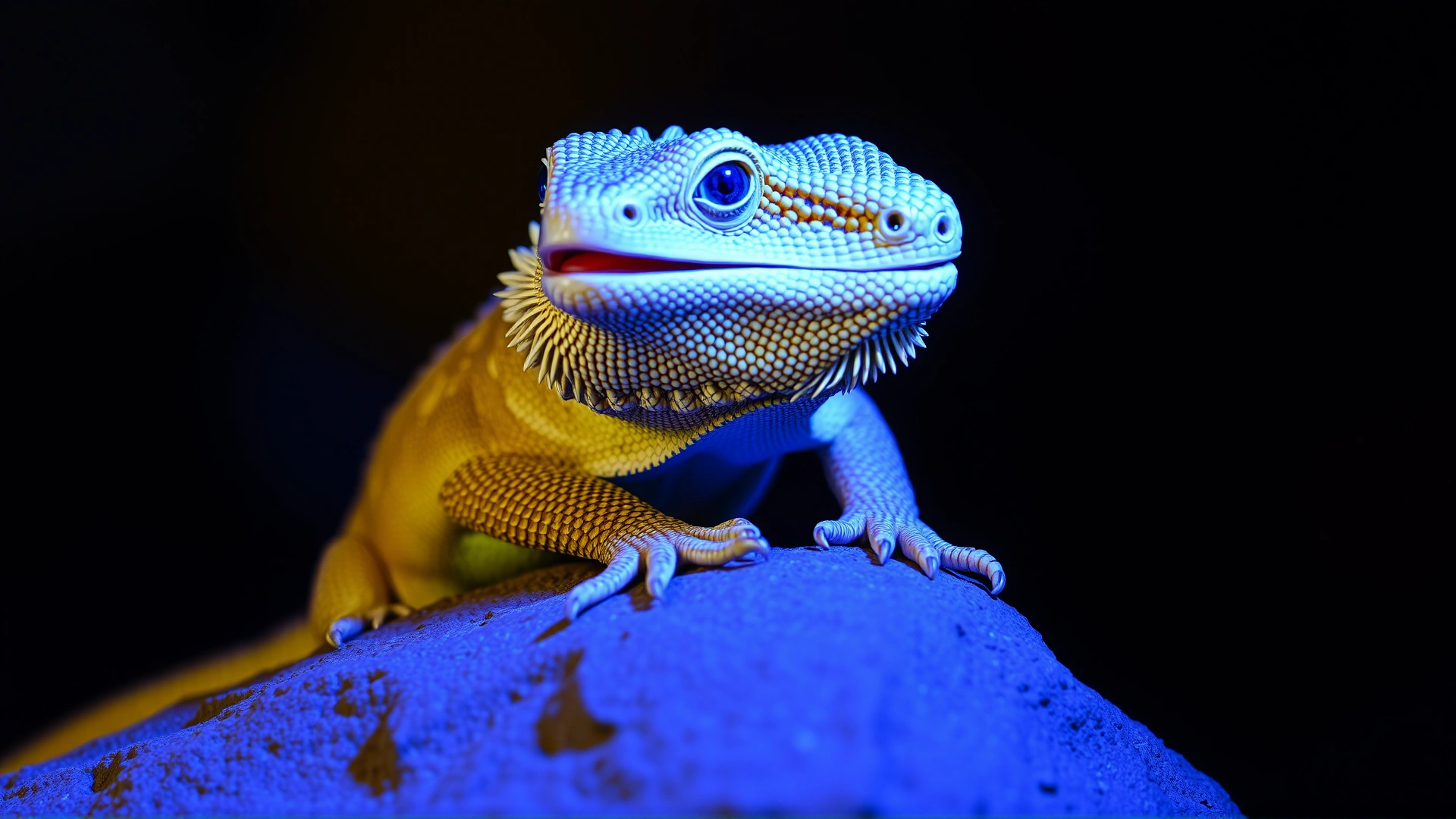 Friendly bearded dragon perched on a flat stone basking under UV light, mouth slightly open, detailed texture on scales.