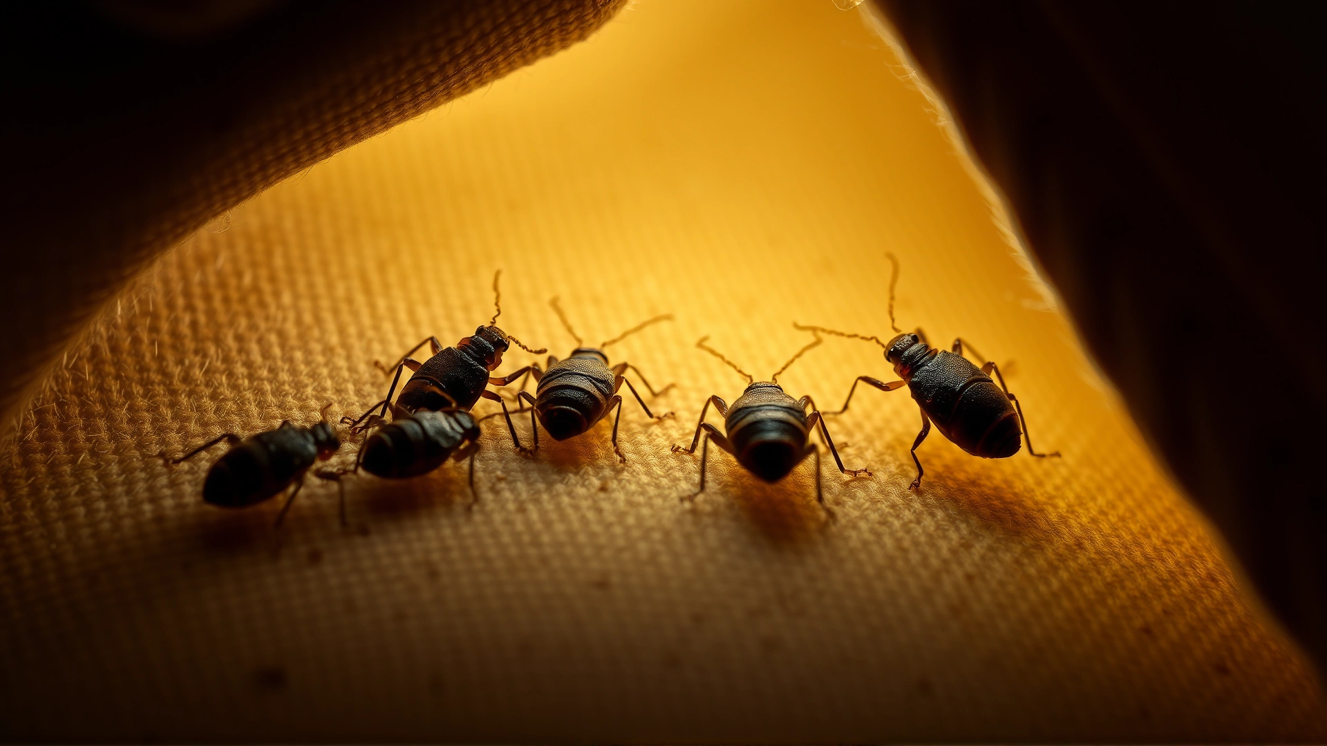 High-resolution image of several bed bugs hiding in the seams of fabric, dramatic lighting to highlight their shapes
