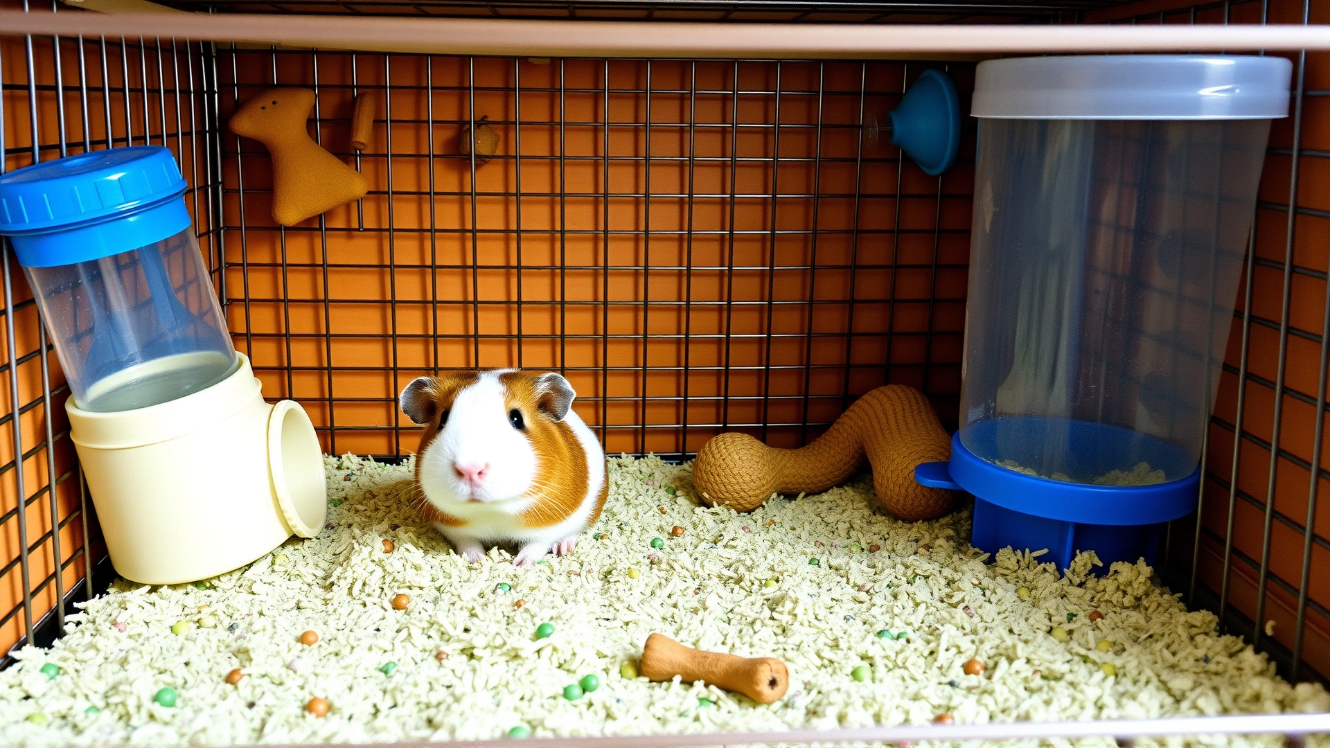 Interior shot of a well-maintained guinea pig cage featuring fresh dust-free bedding, clean water bottle, and chew toys