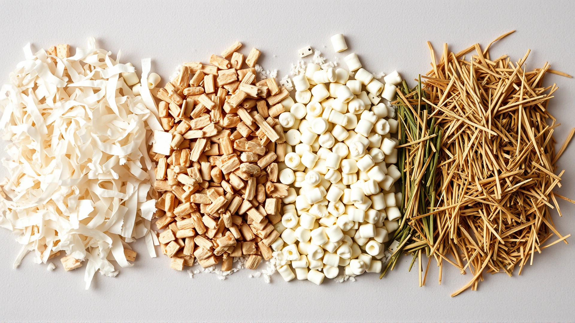 Flat lay of different hamster bedding materials displayed side by side: shredded paper, aspen shavings, paper pellets, and hay