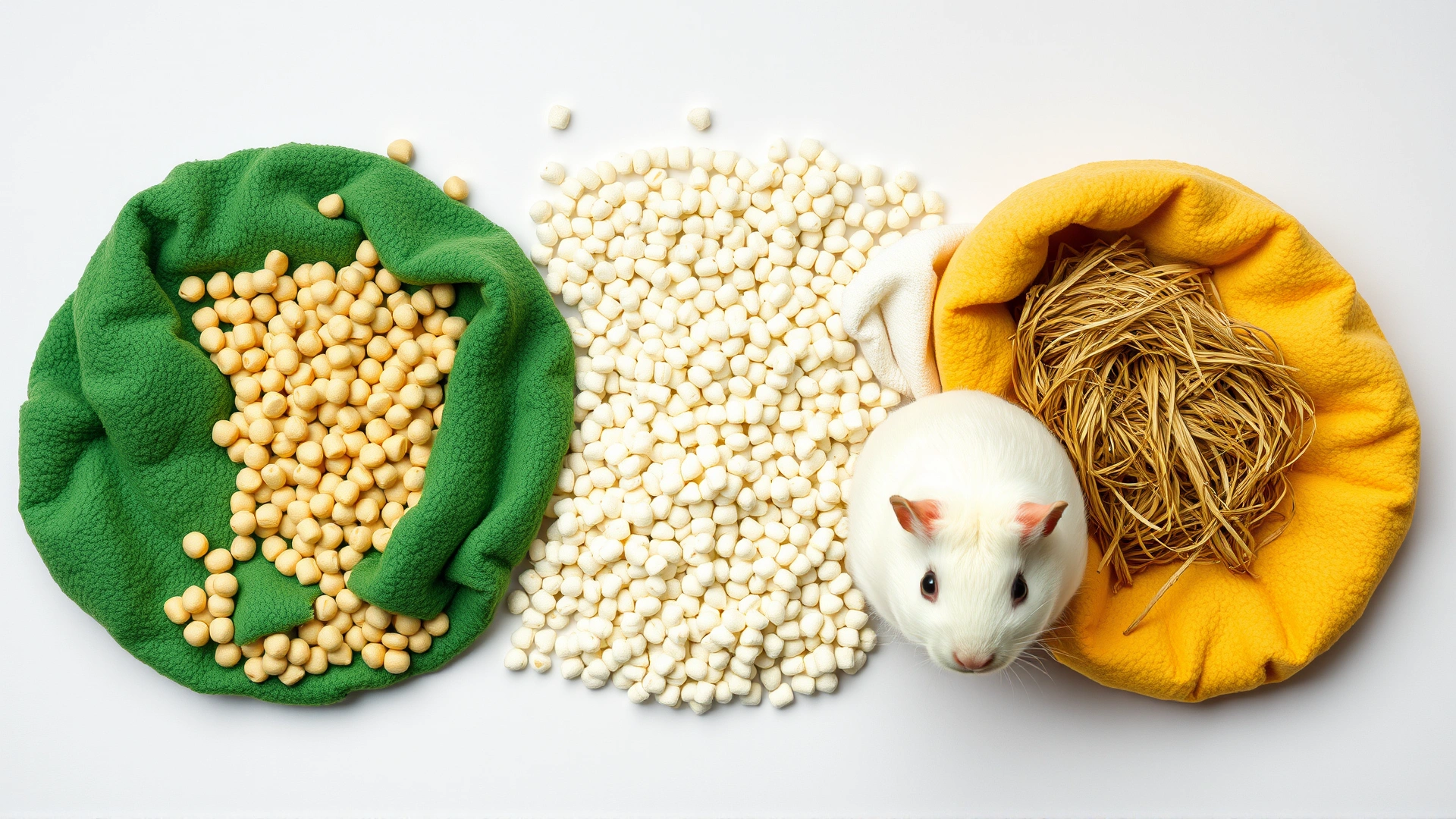 Flat lay of various safe guinea pig bedding materials including paper pellets, soft fleece liners, and hay displayed on a neutral background