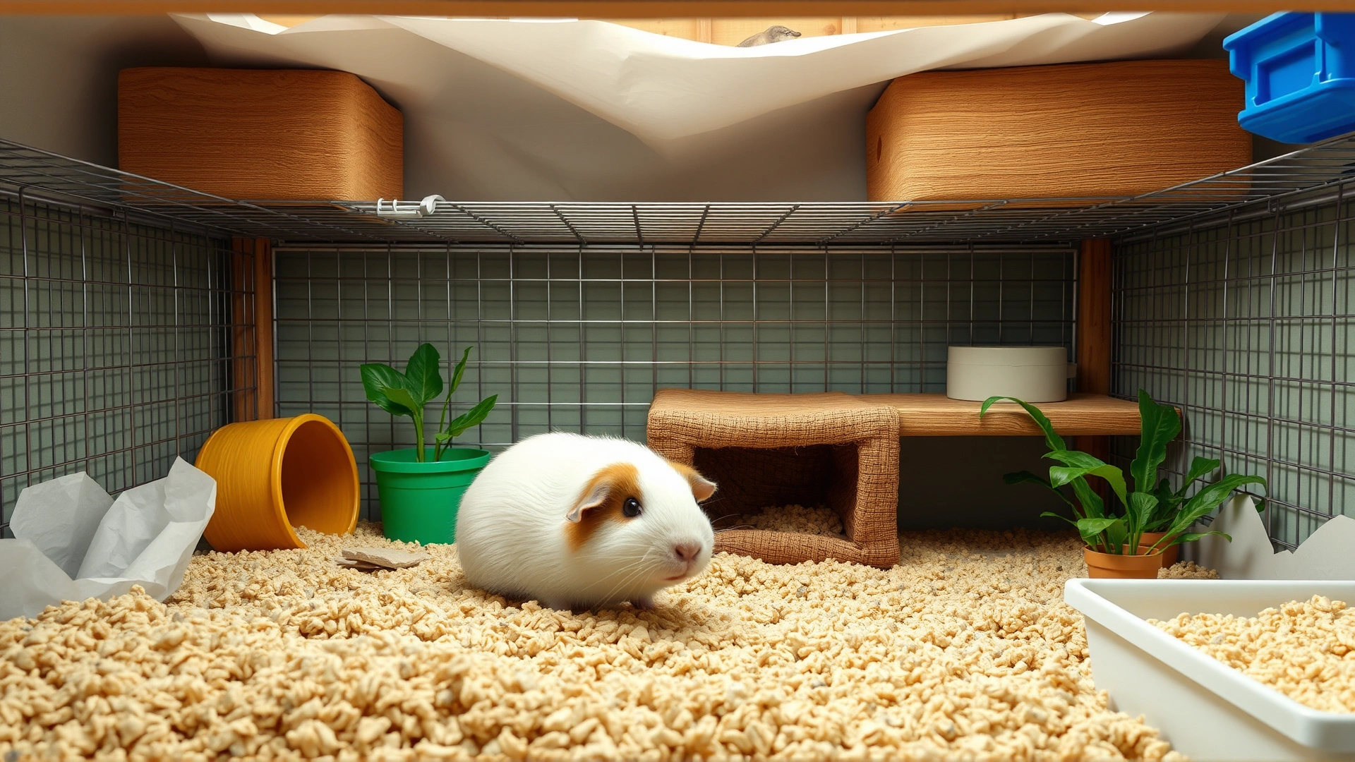 Image of a spacious guinea pig enclosure featuring soft paper bedding and clean environmental setup.