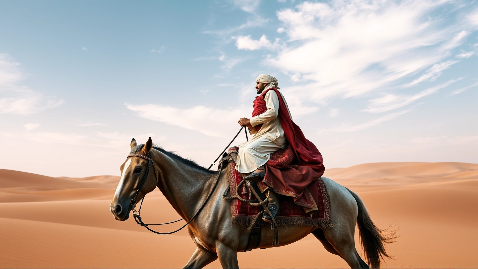 Historical-style scene of a Bedouin rider in traditional attire riding an Arabian horse across the desert, emphasizing the breed’s cultural roots.