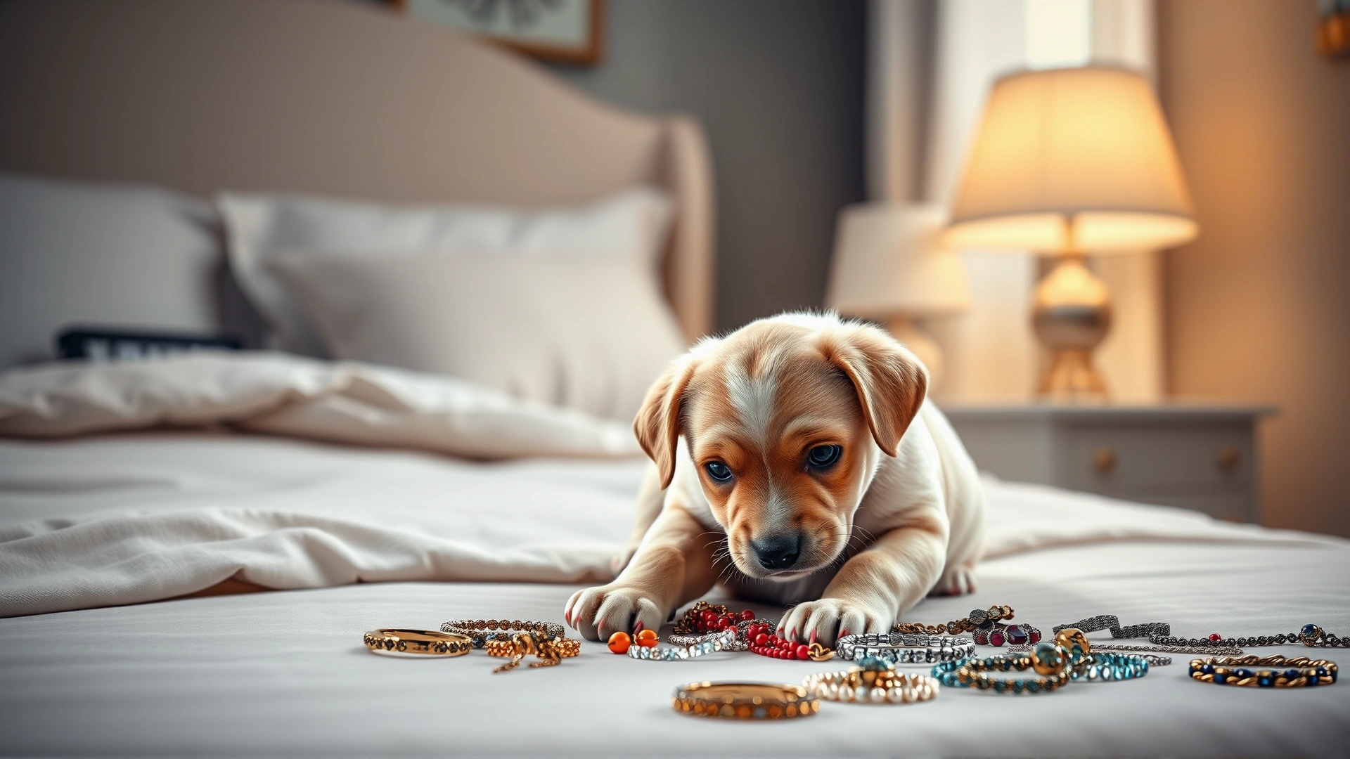 Puppy playing with jewelry spilled from a bedside table in a softly lit bedroom.
