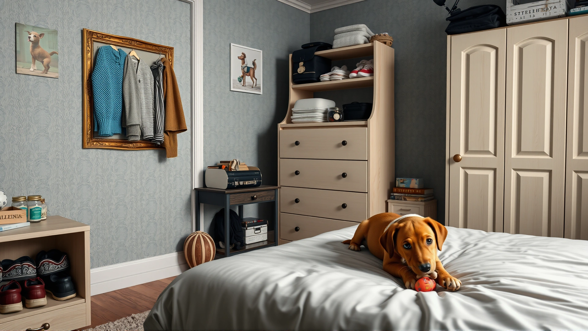 Neat bedroom where shoes are stored away, small items are off the floor, and a puppy safely chewing a toy on the bed