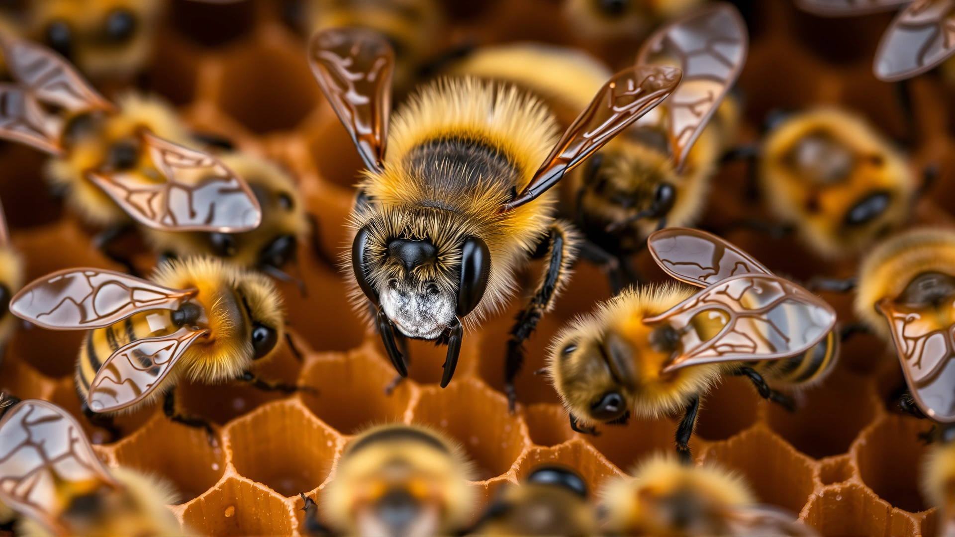 Close-up macro photograph showing a queen bee surrounded by worker bees on a honeycomb, highlighting the different sizes and roles within the colony.