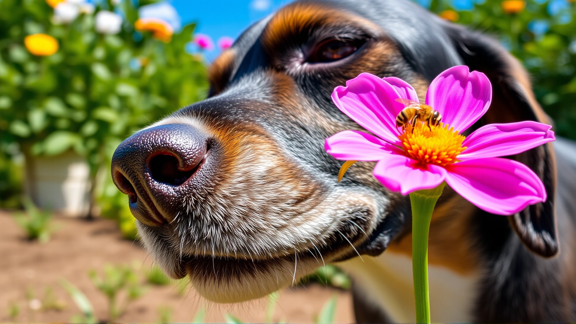 Close-up of a curious dog sniffing at a flower while a bee rests on a petal; outdoor garden setting, bright colors, realistic photo