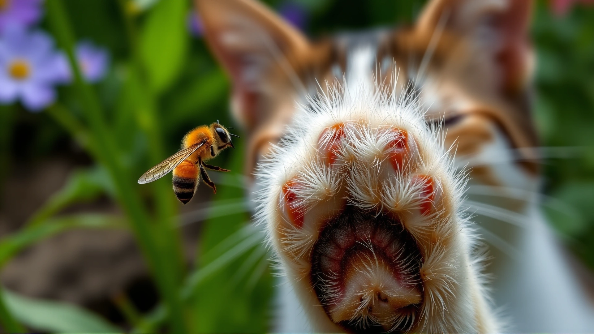 Photo of a bee hovering near a cat’s paw in a garden, sharp focus on the bee.