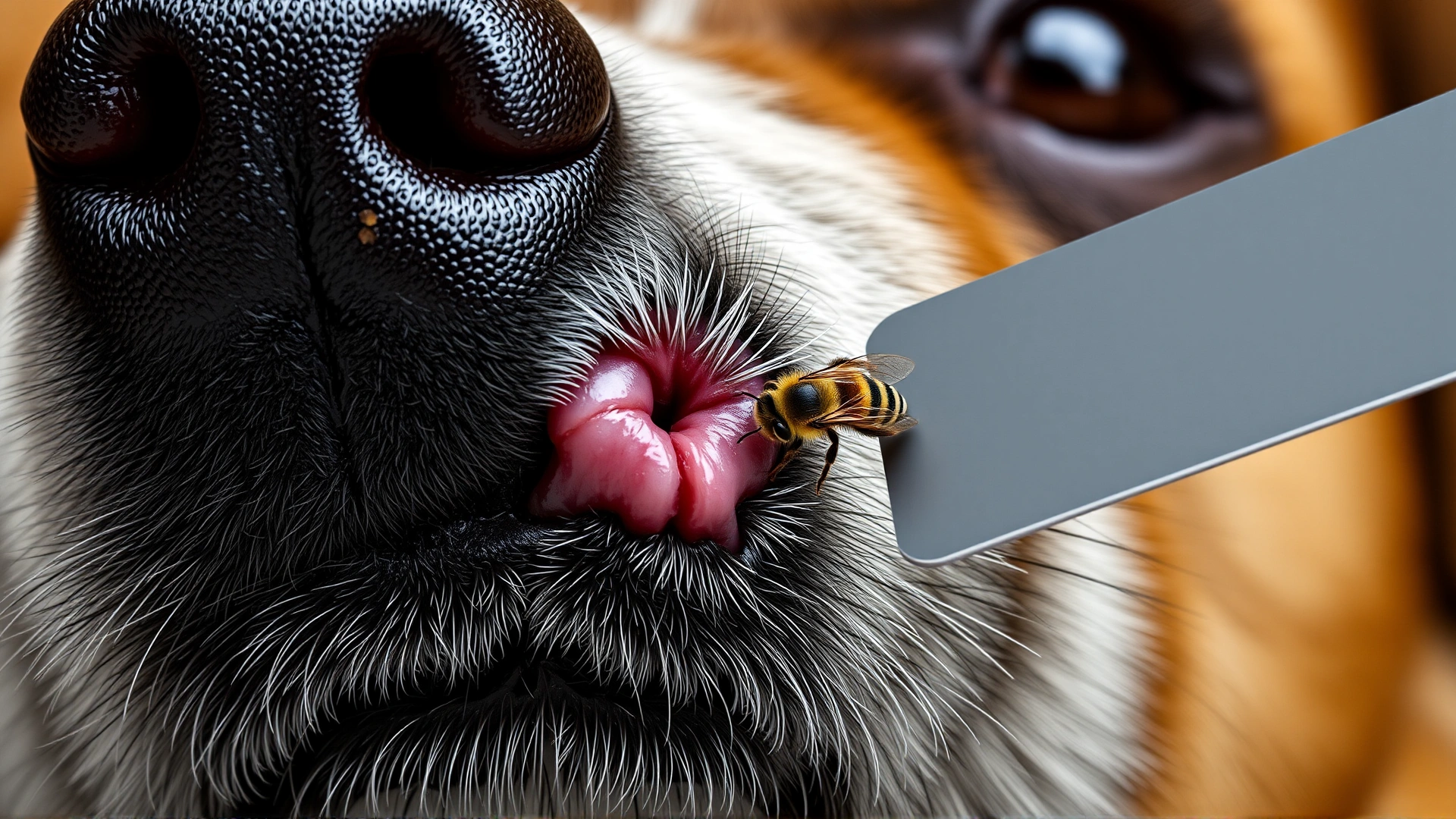 Close-up of a dog's muzzle with slight swelling and a visible bee stinger being gently removed with a credit card