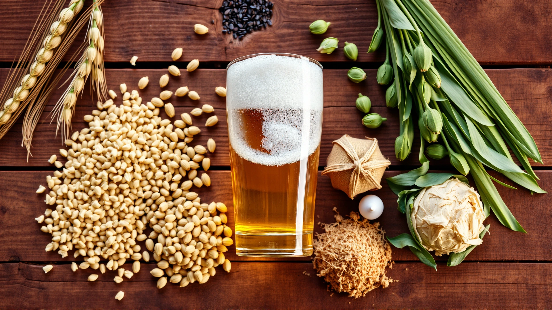 Flat-lay of natural beer ingredients (barley grains, hops, and yeast) arranged neatly on a rustic wooden table with a glass of beer in the center.