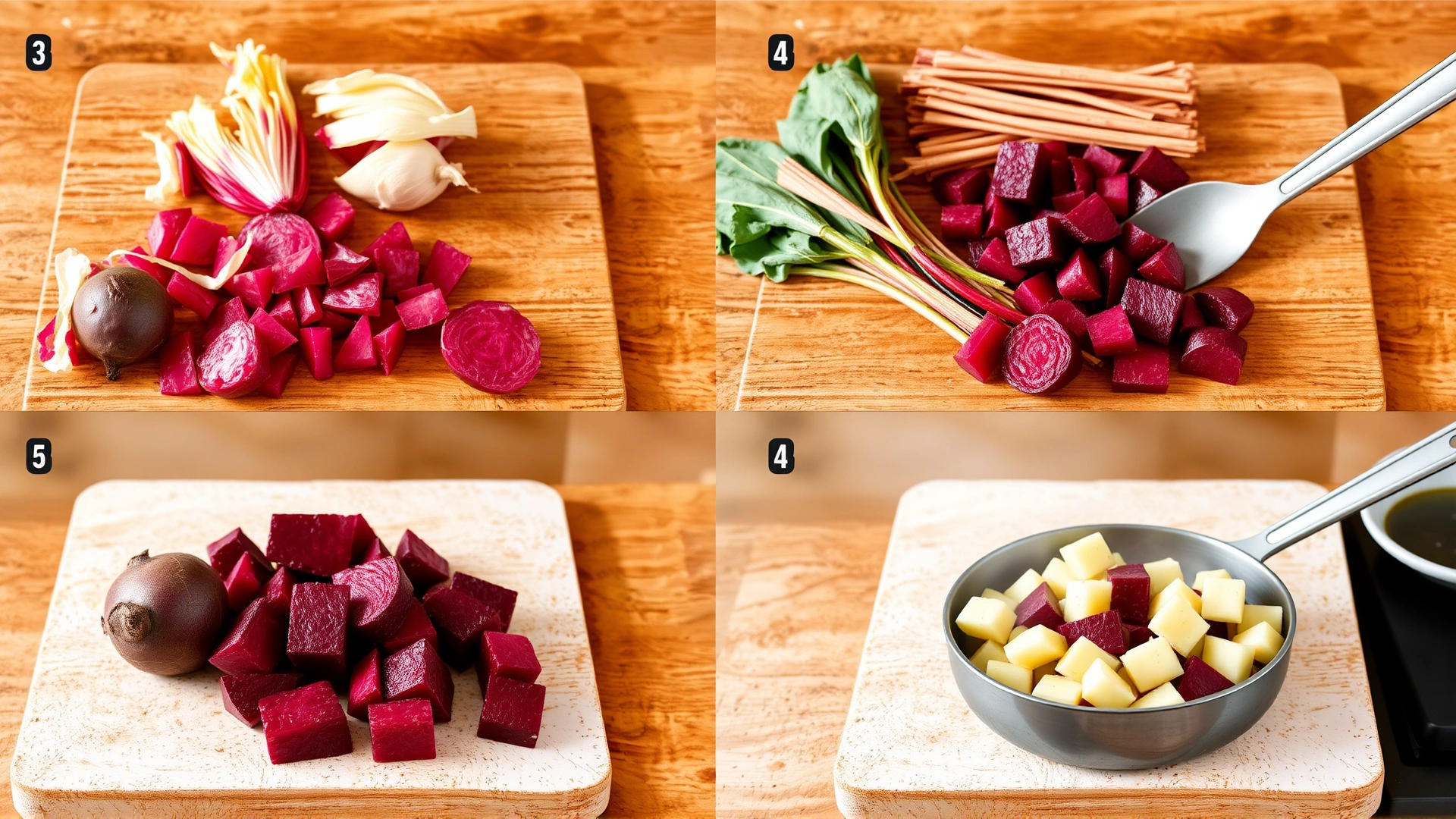 Step-by-step layout of raw, peeled, and cubed beets ready for steaming, no text, bright kitchen setting
