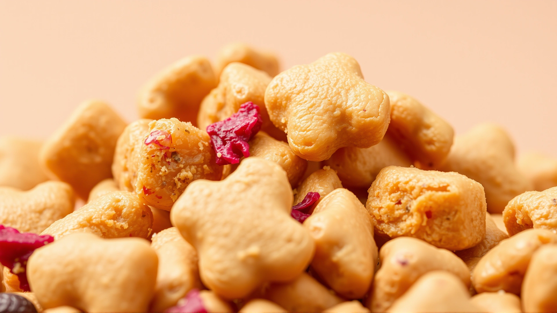 Macro shot of dry dog kibble containing visible beet pulp pieces, neutral background
