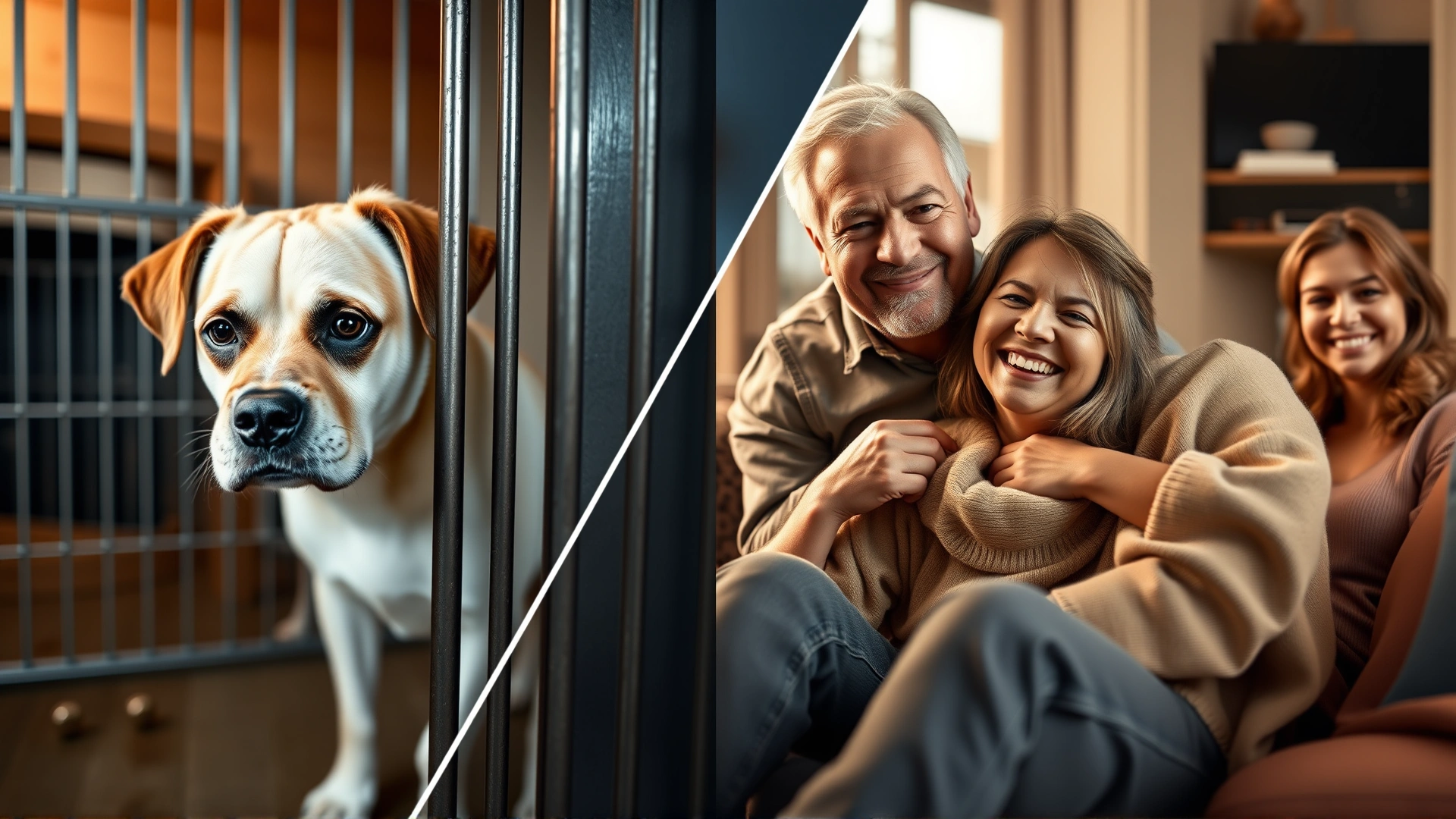 Split-frame composite showing the same senior dog: left side in a shelter kennel looking sad, right side in a cozy living room with a family smiling; warm, hopeful color palette.