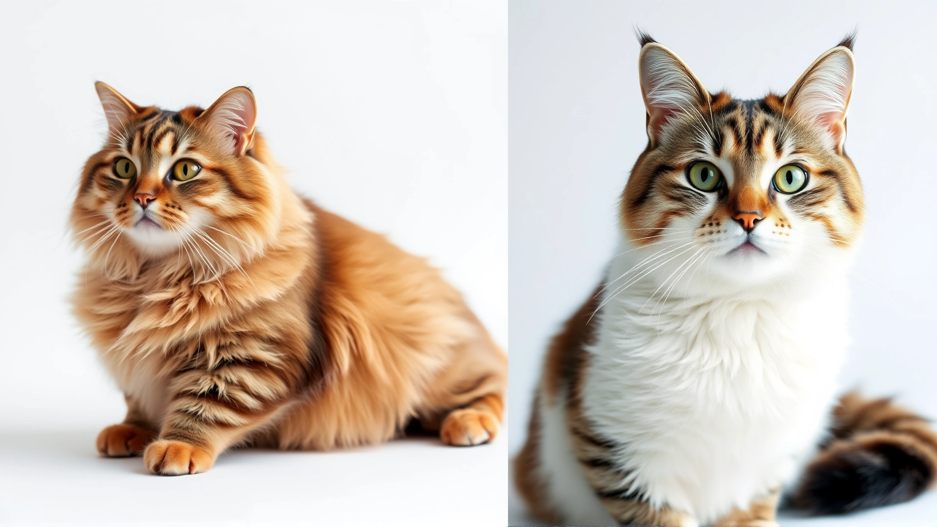 Split image showing same cat before (overweight) and after (healthy weight) against white background, no text