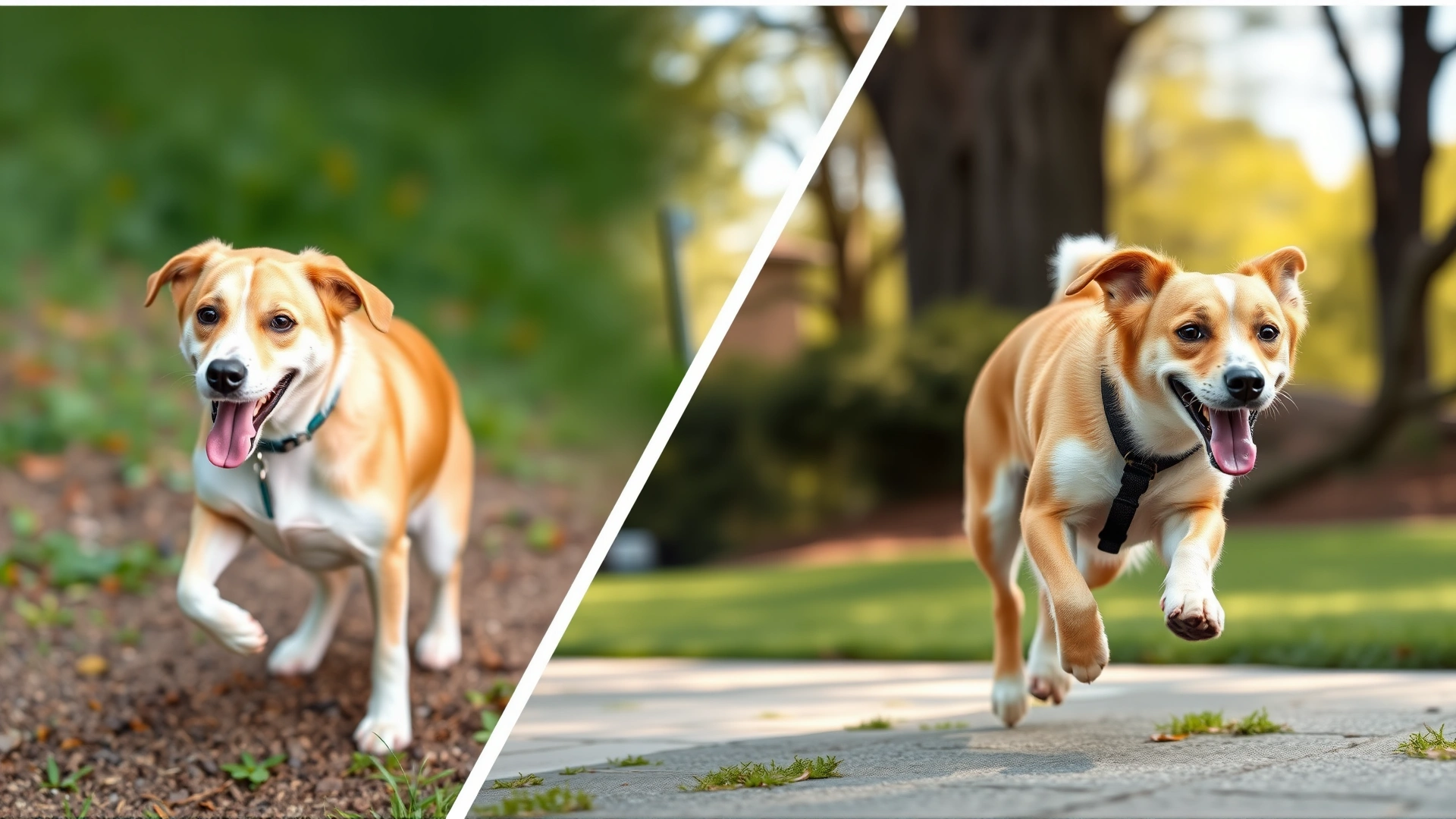 Split-frame image: on the left, a limping dog before FHO surgery; on the right, the same dog running happily after recovery, outdoor park setting