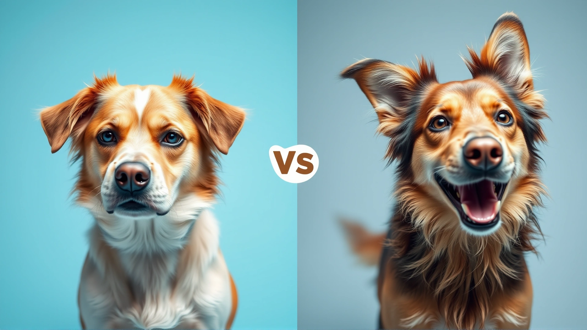 Split image: left side shows a dog with sad posture and dull coat, right side shows the same dog energetic and healthy, illustrating before and after probiotic use.
