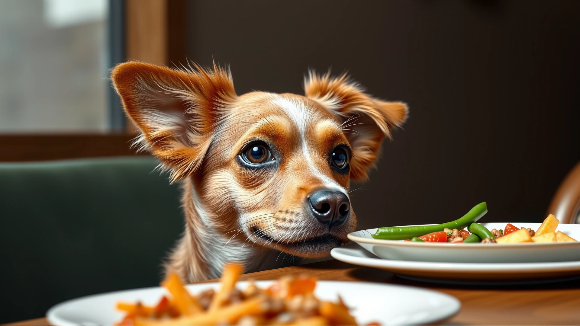 Cute dog sitting by a dining table staring at a plate of food with hopeful eyes