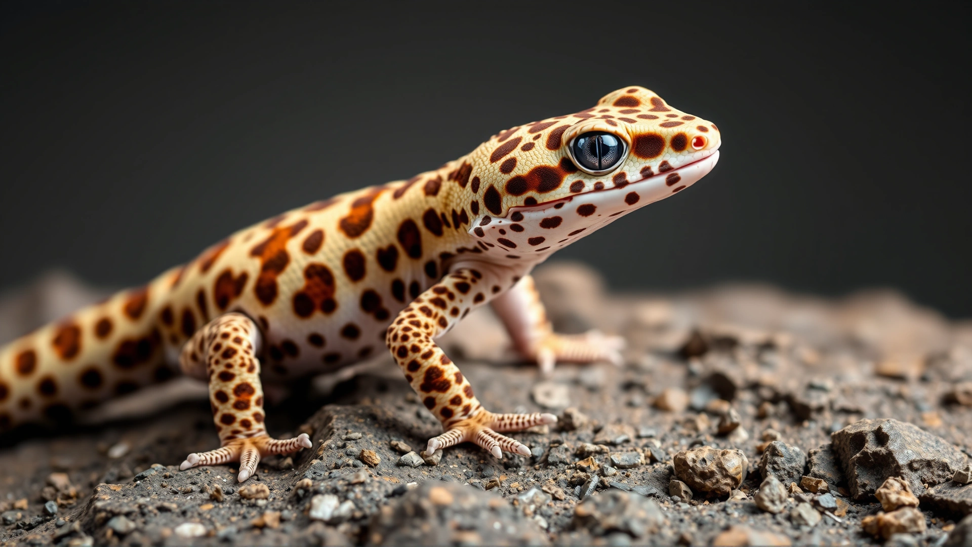Close-up portrait of a leopard gecko standing on rocky substrate, showcasing its distinctive spotted skin patterns.