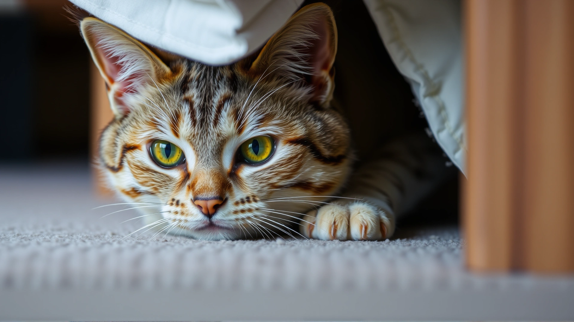 A shy tabby cat hiding under the bed with only its eyes showing, highlighting anxiety or behavioral change.