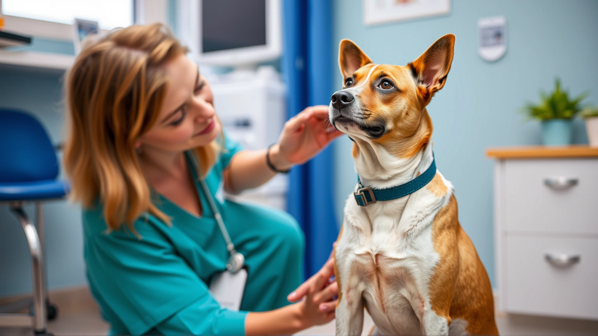 Dog sitting with a veterinary behaviorist in a consultation room; the behaviorist is gently observing the dog’s posture.
