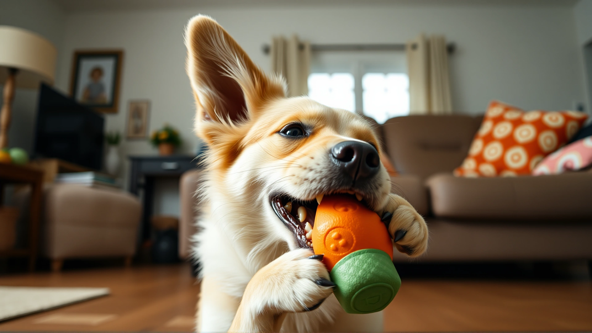 Happy dog chewing a durable rubber toy in a living room, showing positive behavioral enrichment. Bright lighting. No text.