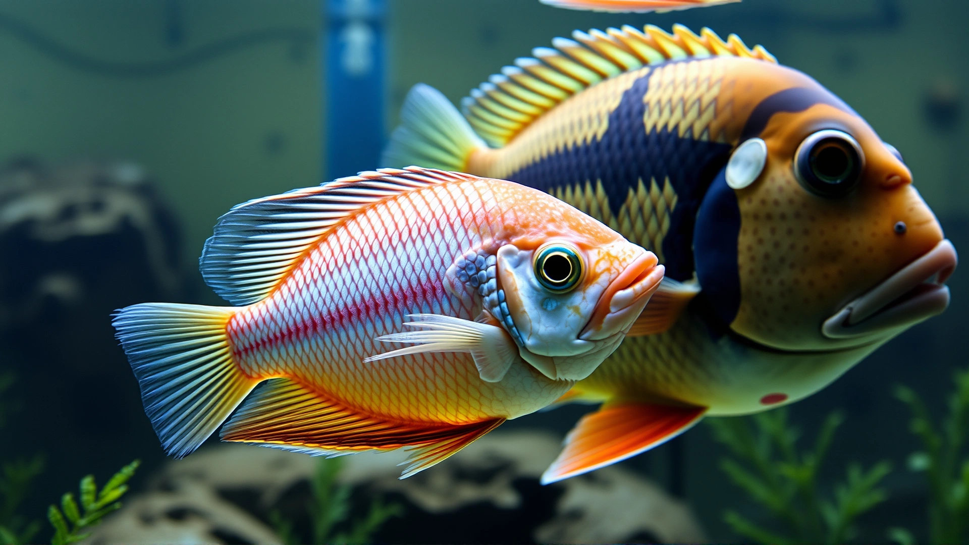 Side view of an Arowana sharing the tank peacefully with a large cichlid, illustrating compatibility and relative sizes.