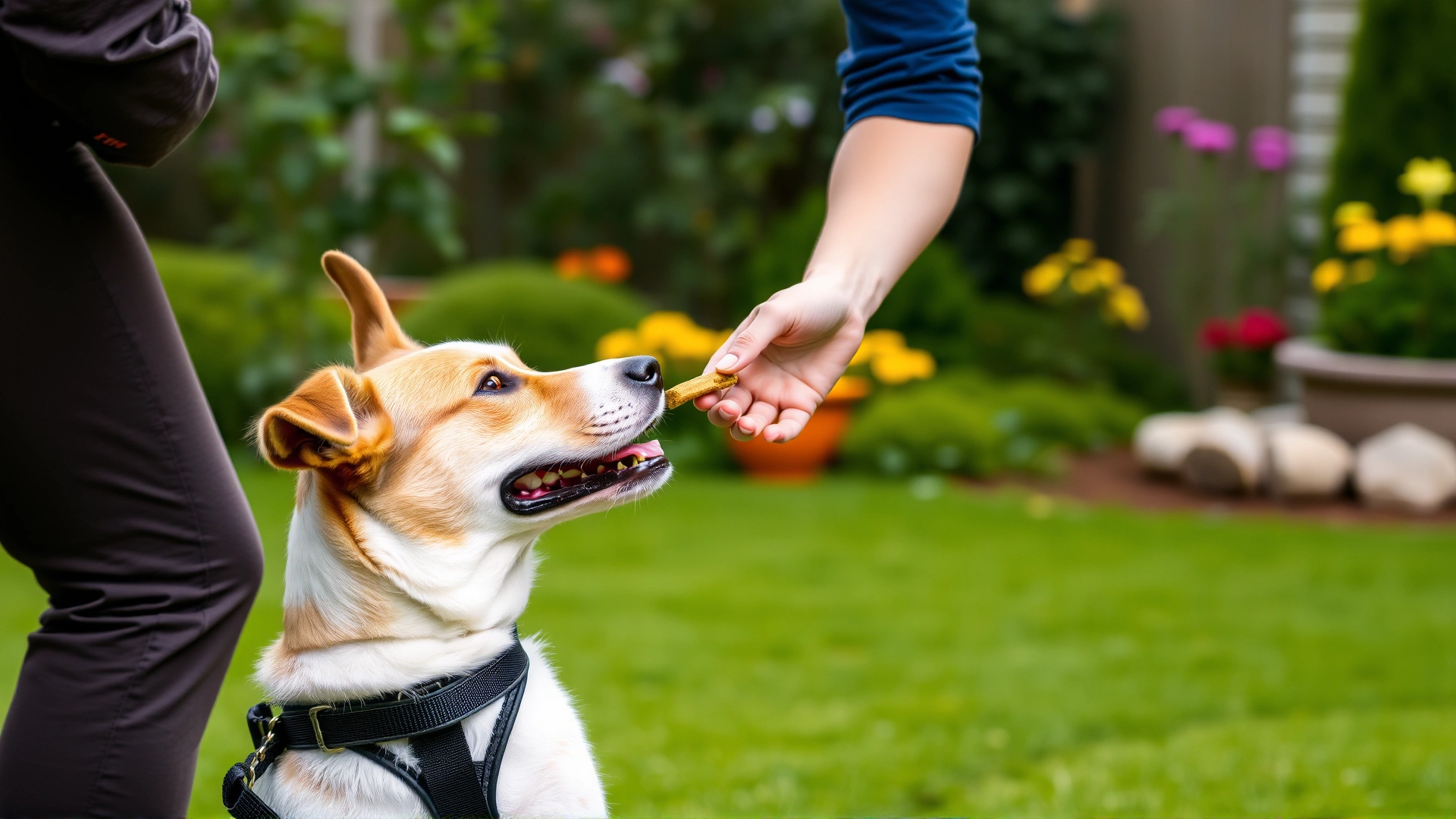 Positive reinforcement training scene: trainer offering a treat to a relaxed dog wearing a harness in a garden setting.