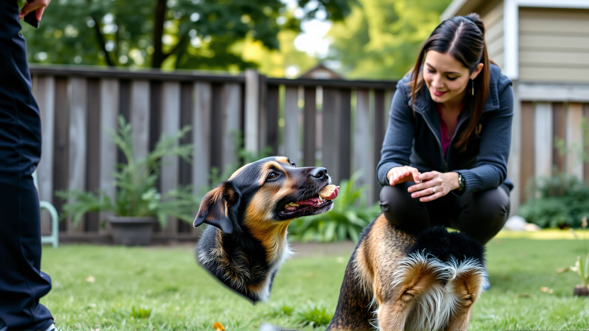Dog trainer giving a treat to a sitting dog during positive reinforcement session in a backyard