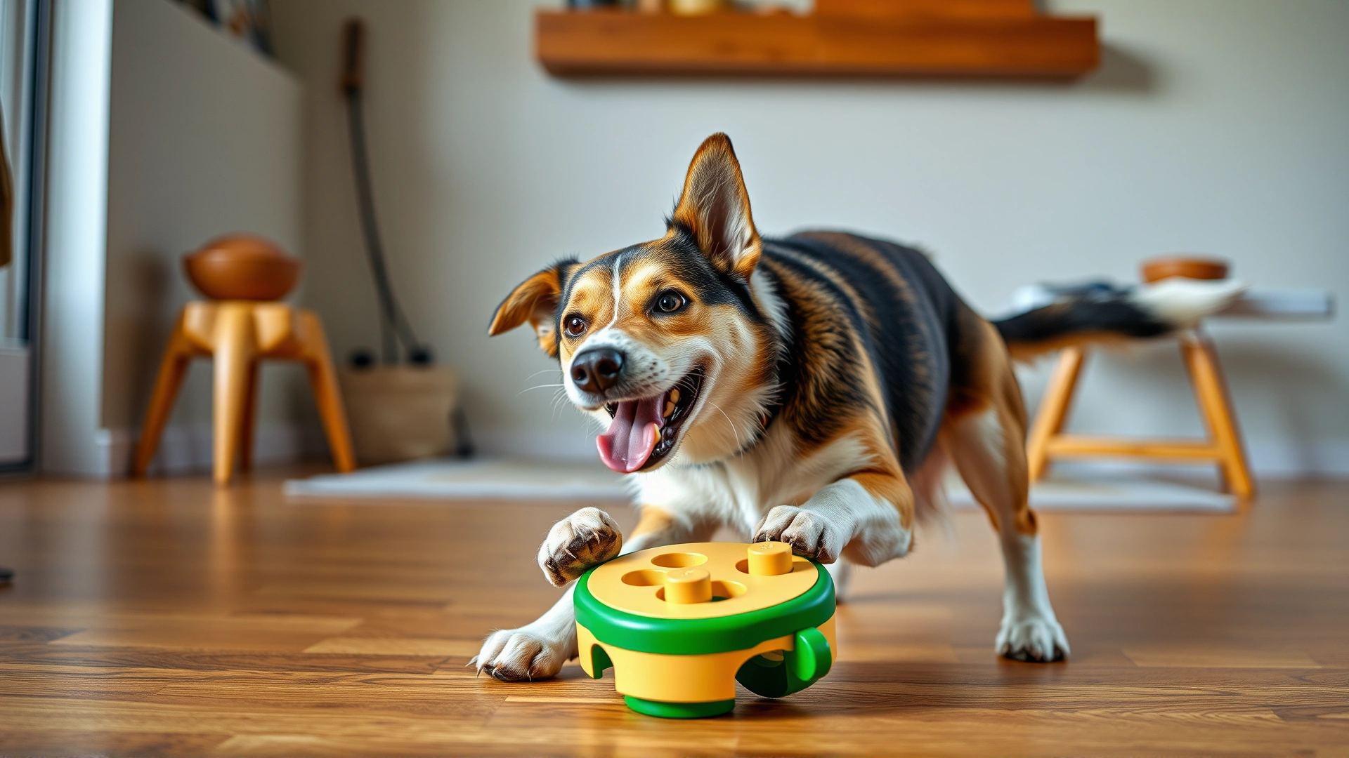Energetic dog playing with interactive puzzle toy indoors, demonstrating mental stimulation