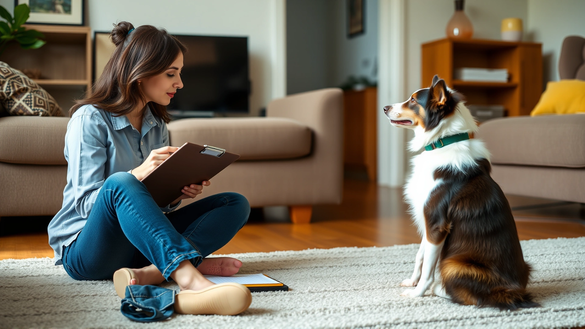 A certified dog behaviorist sitting on the living-room floor, taking notes on a clipboard while observing a border collie’s behavior, natural indoor lighting.