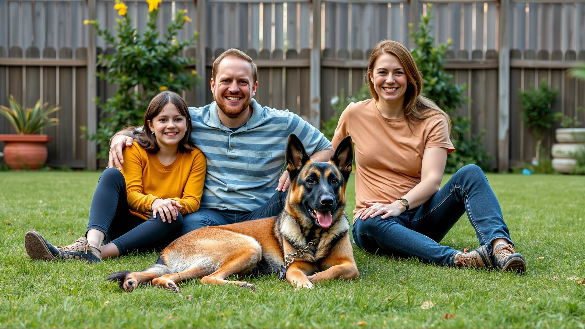 Smiling family sitting on grass in their backyard with a relaxed Belgian Malinois lying beside them
