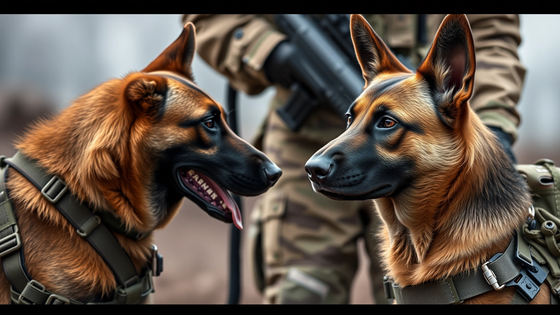 Belgian Malinois wearing a tactical military harness next to a soldier during a training demonstration