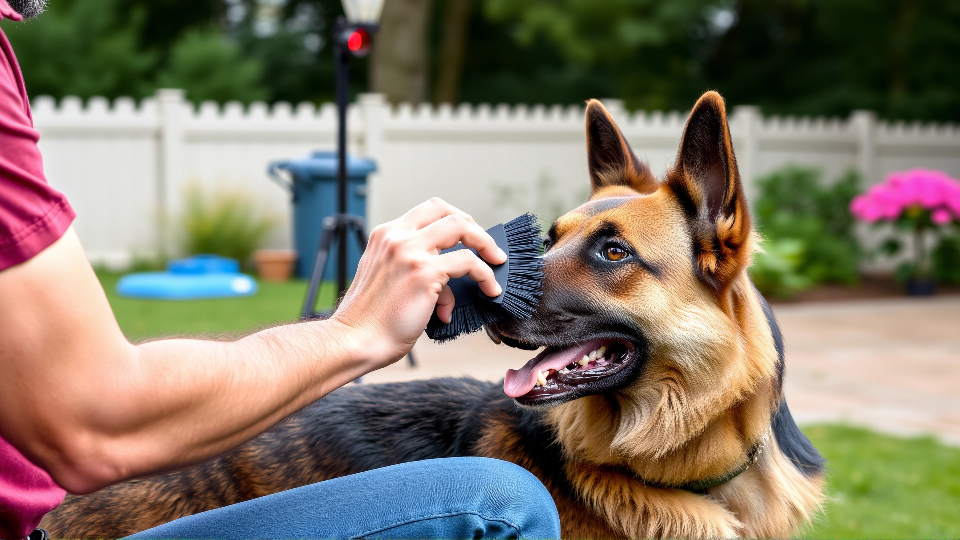 Owner brushing Belgian Malinois coat with a slicker brush in a backyard setting, emphasizing regular grooming routine