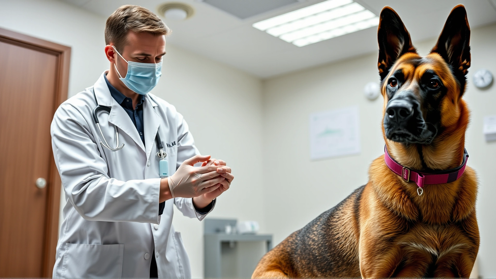 Veterinarian performing a routine physical examination on a calm Belgian Malinois inside a modern clinic