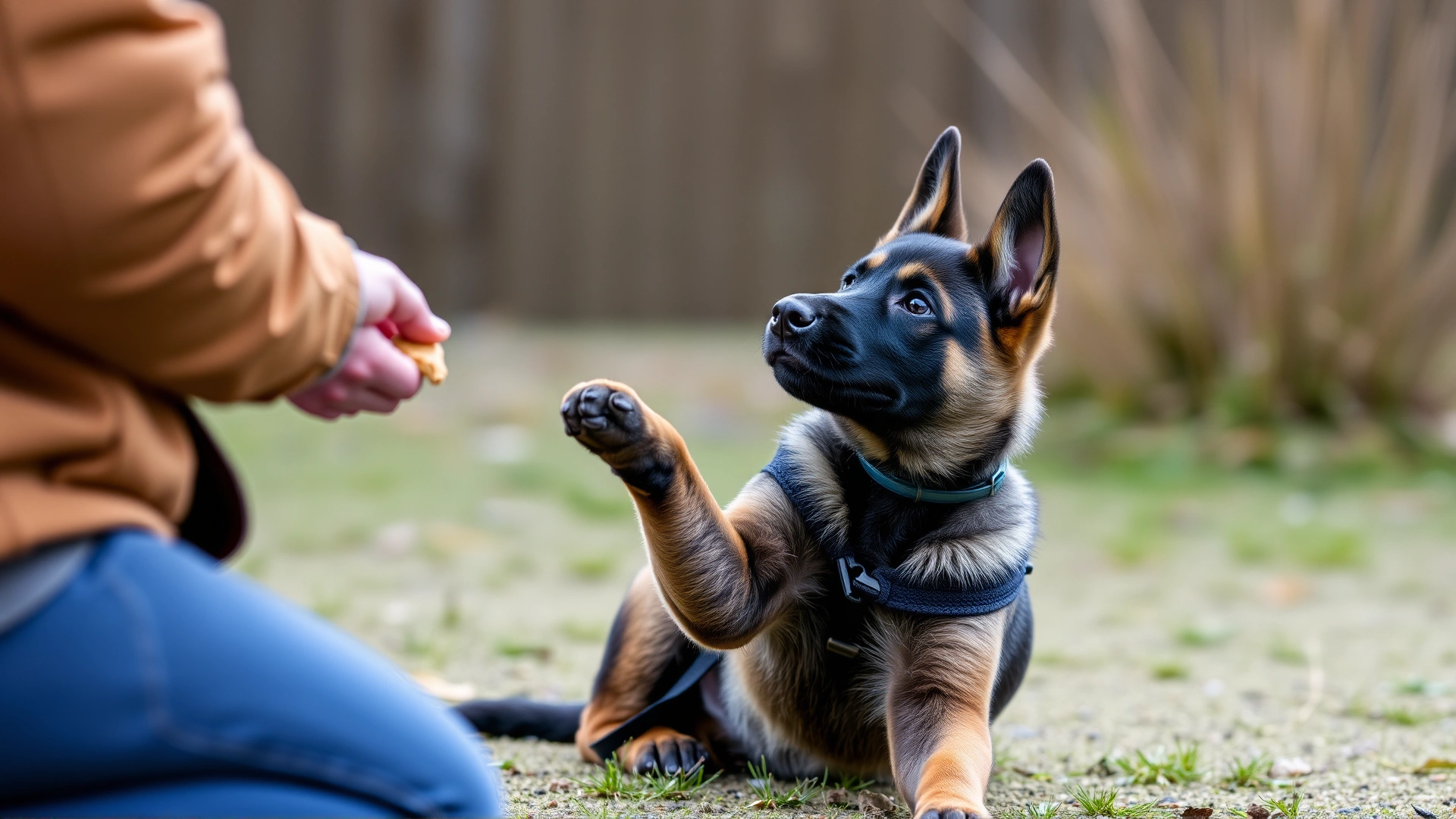 Belgian Malinois puppy performing a sit command while its owner offers a treat during an outdoor training session