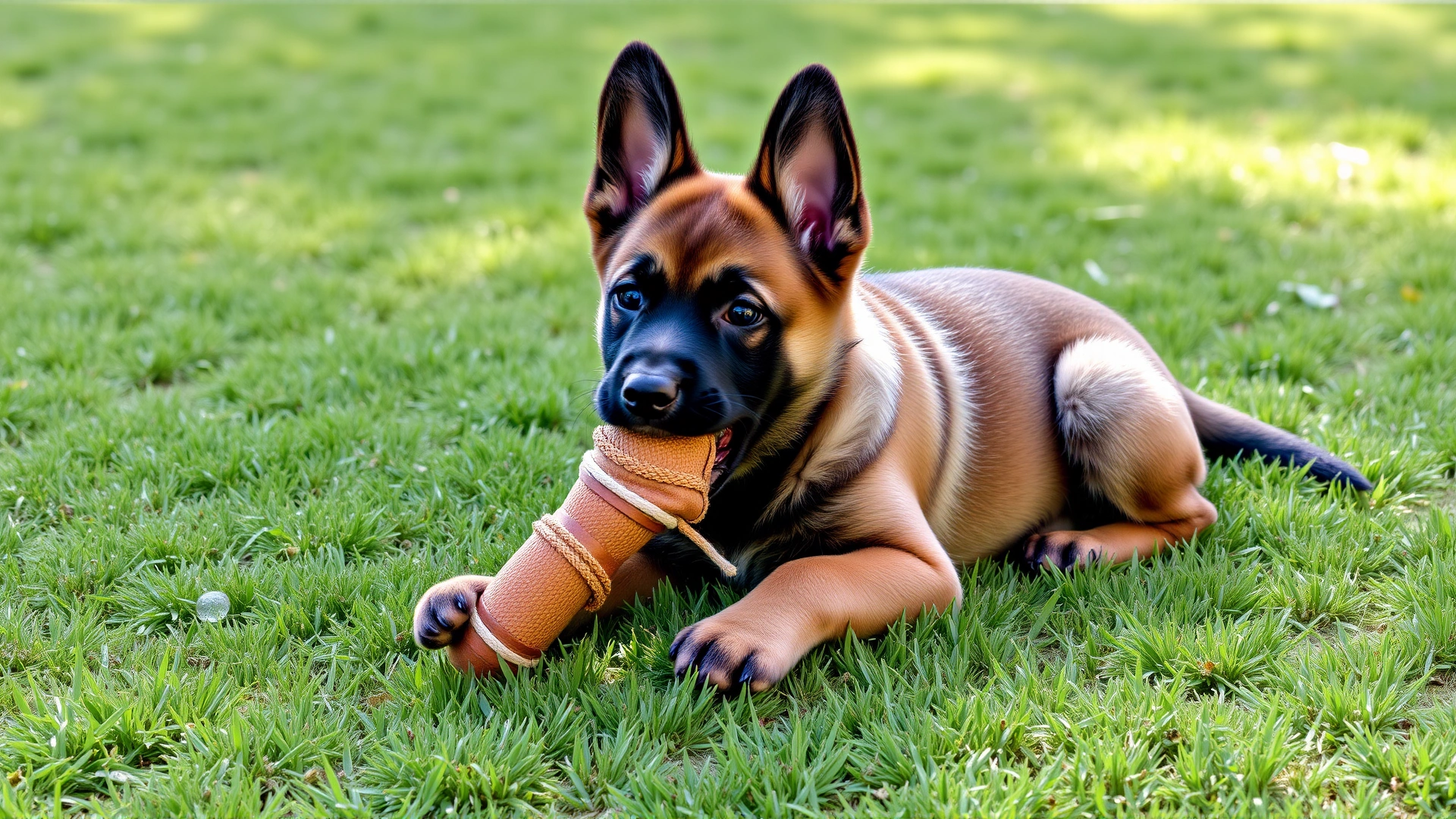 Adorable Belgian Malinois puppy playing with a sturdy chew toy on a green lawn under bright sunshine