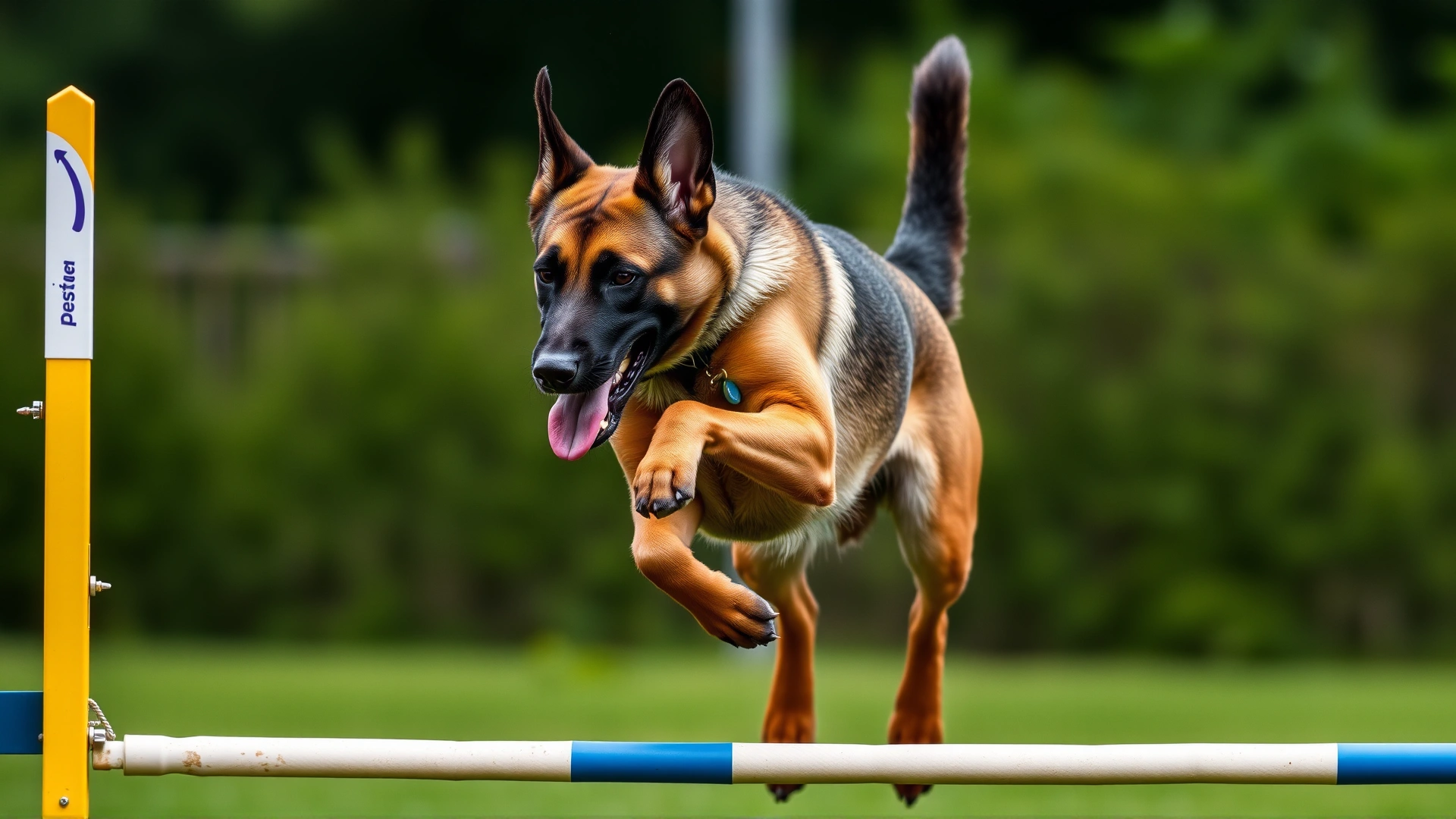 Belgian Malinois mid-jump during an agility course, showcasing muscle definition and focus.