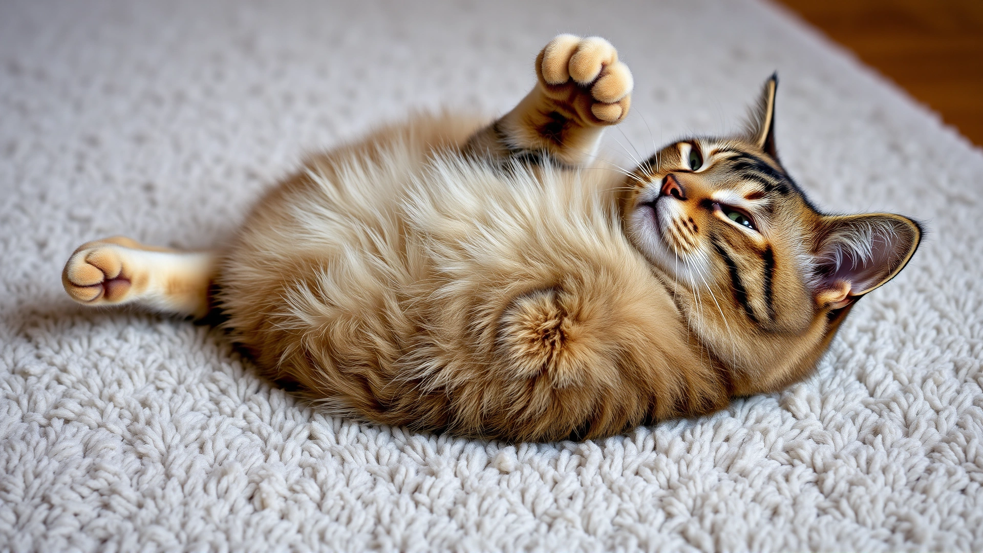 Cat lying on its back with belly exposed, paws relaxed upward, on a soft rug.