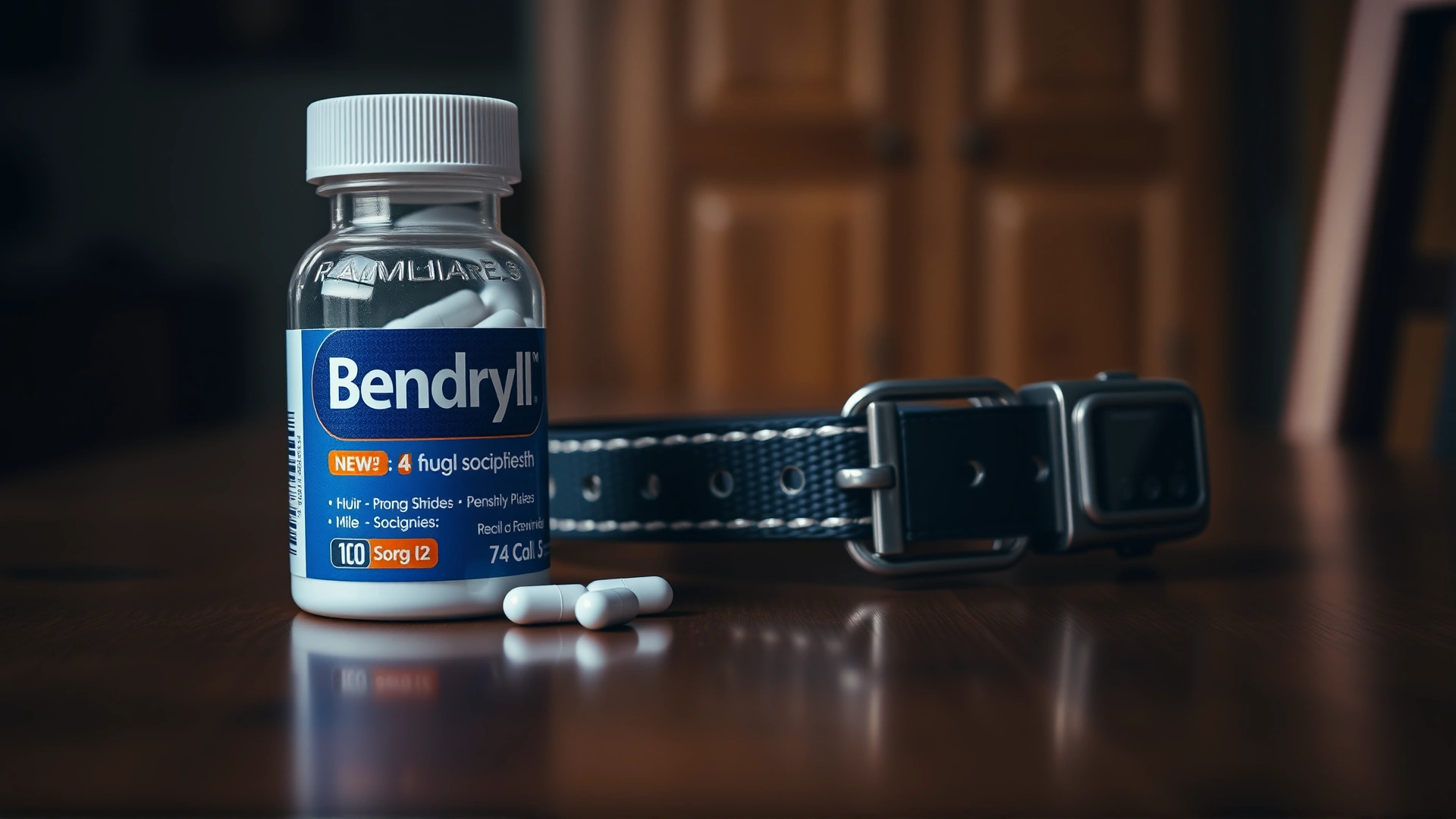 A clear shot of a Benadryl pill bottle next to a dog collar on a wooden table, indoor light, shallow depth of field, no text on image.