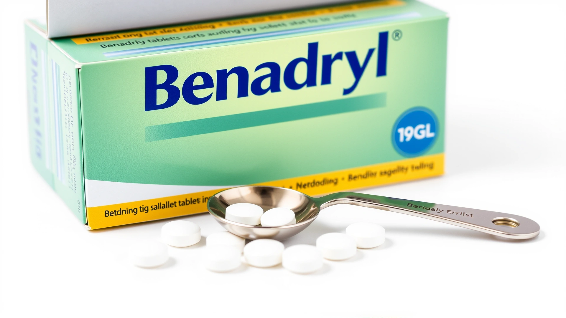 Macro shot of an open box of Benadryl tablets next to a measuring spoon on a clean white background.