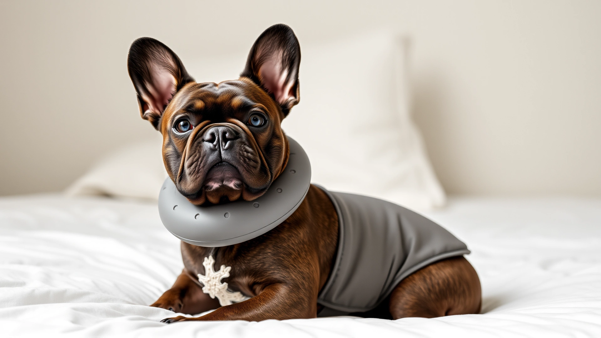 Small French bulldog wearing a grey Bencmate inflatable collar, sitting upright on a bed with white linens
