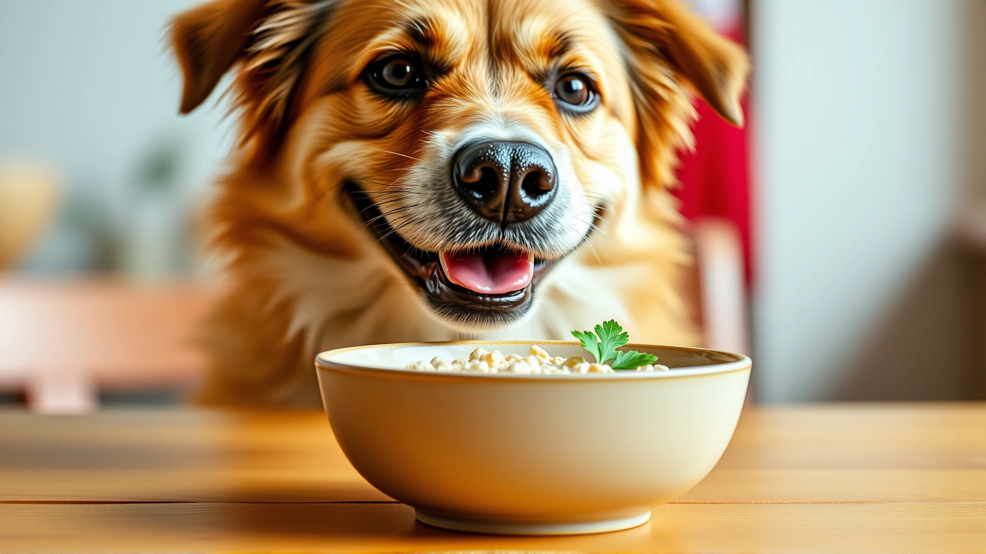 Close-up of a happy medium-sized dog next to a bowl of oatmeal garnished with a sprig of parsley on a wooden table, shallow depth of field, natural lighting