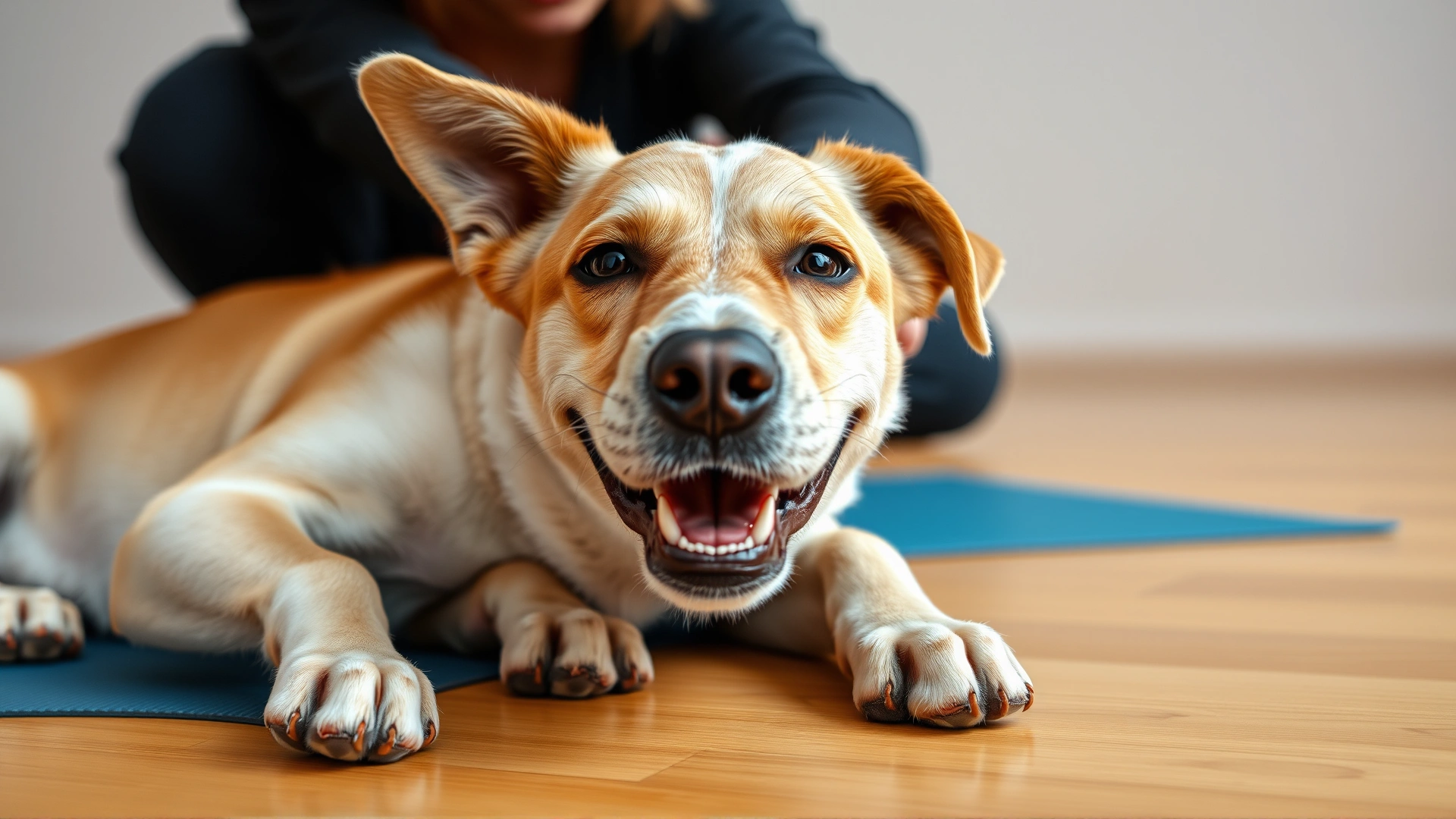 Close-up of a happy dog and its owner touching noses while stretching on yoga mats