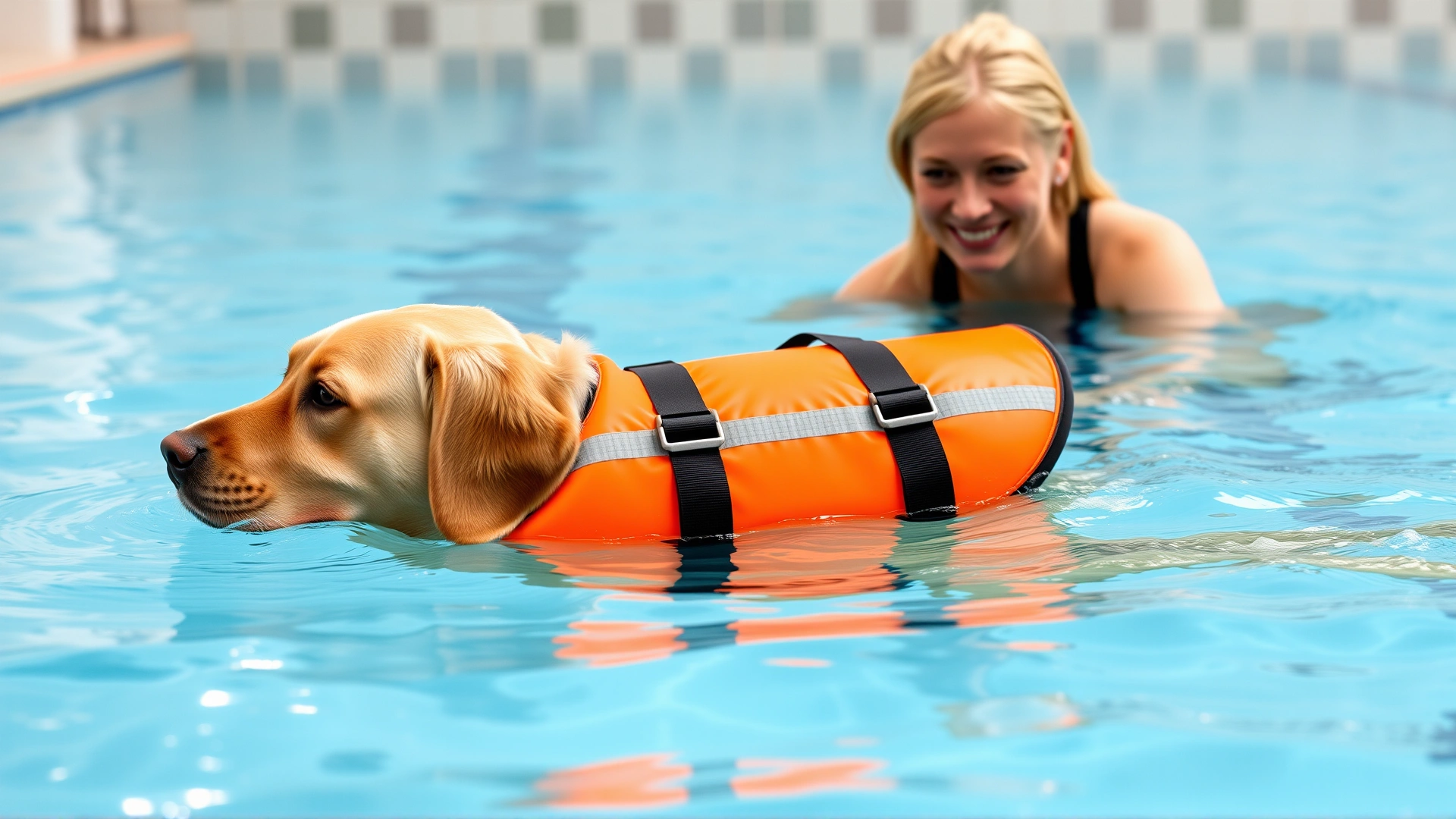 Senior Labrador wearing a bright orange life jacket swimming in a therapeutic pool, friendly trainer guiding from poolside, clear water