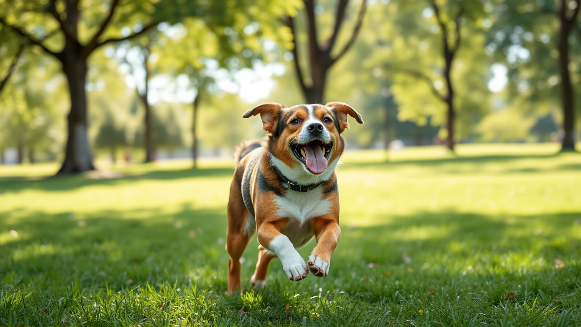 Energetic dog happily running in a green park under sunlight, symbolizing the health and behavioral benefits after neutering.