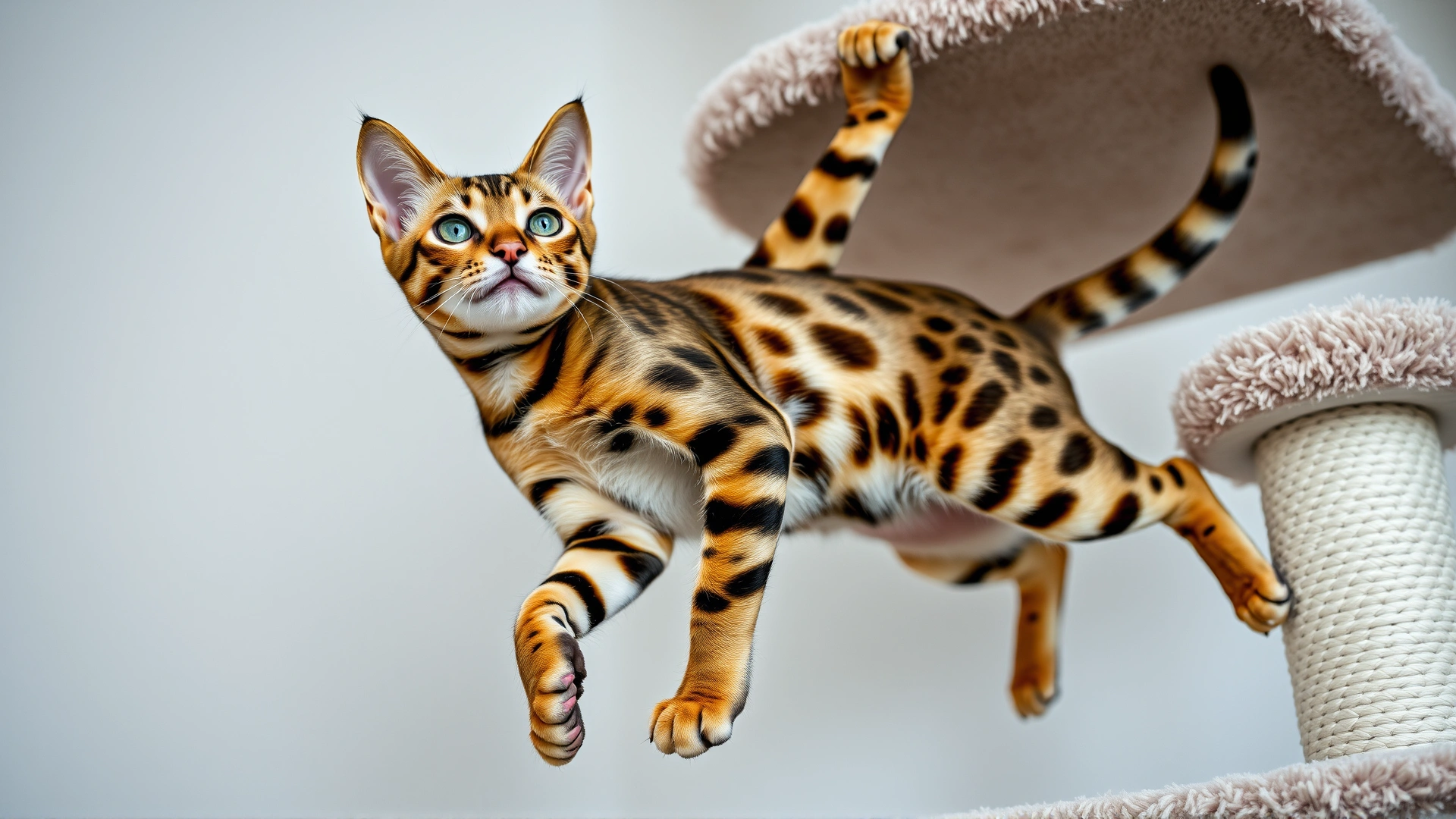 A sleek Bengal cat climbing energetically up a multi-level cat tree, muscles flexed, pattern clearly visible