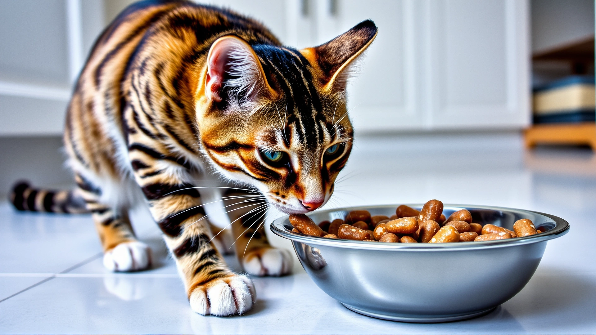 Bengal cat eating high-quality wet food from a stainless-steel bowl on a clean kitchen floor