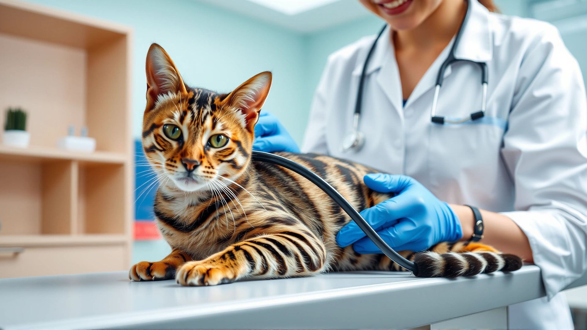 Veterinarian examining a calm Bengal cat on a clinic table, stethoscope visible, bright and clean environment