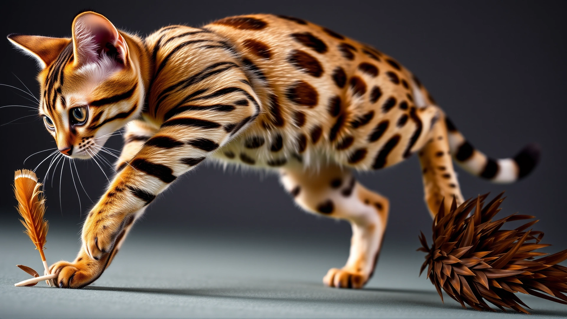 Bengal cat mid-pounce on a feather toy, showing off its rosette markings and muscular body.