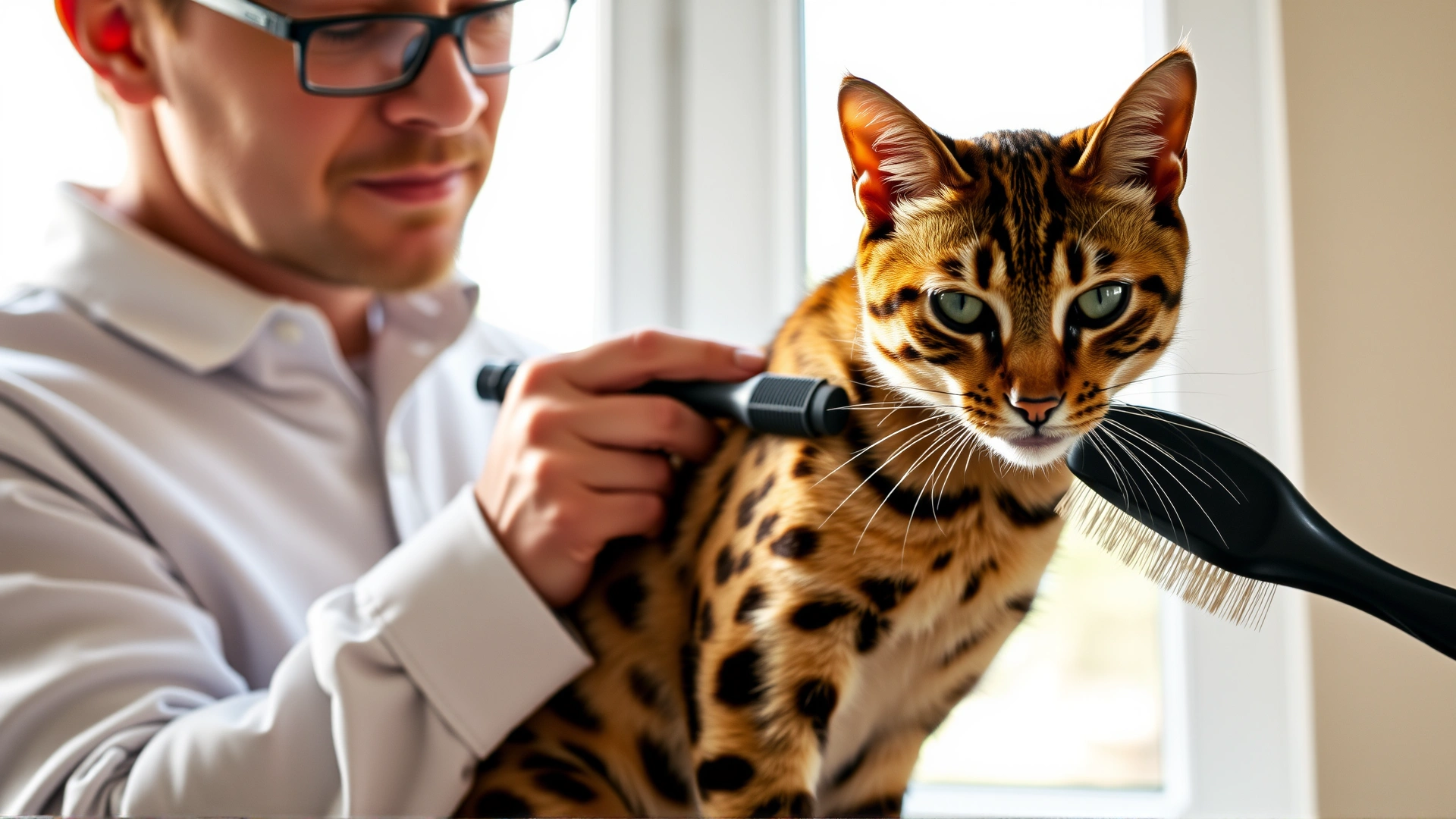 Owner gently brushing a Bengal cat’s short coat with a slicker brush near a window with daylight